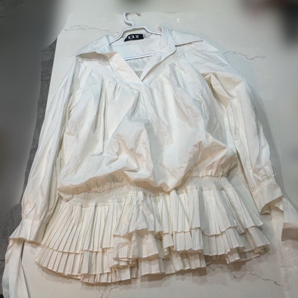 White Long Sleeve Mini Cotton Ruffle Dress